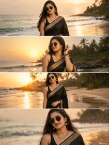 Black Saree Sunset Beach Editorial