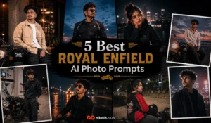 5 Best Royal Enfield AI Photo Prompts title - 5 Best Royal Enfield AI Photo Prompts (use my images) Add a minimal logo text “mkedit.co.in” in a small elegant style (i have given you my logo image) now generate image