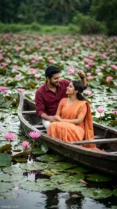 Romantic Lotus Lake Boat Couple