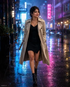 Rainy Night Korean Street Fashion Portrait
