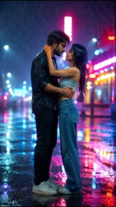 Romantic Neon Rain Couple Portrait