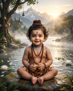 Baby Shiva Sitting Beside a River at Sunrise
