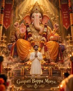 Namaste Pose Beneath a Majestic Ganesha