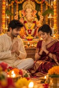 Couple Seated Together Beside Ganpati Ji
